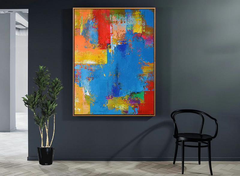 Huge Abstract Canvas Art,Vertical Palette Knife Contemporary Art,Acrylic Painting Large Wall Art,Blue,Red,Yellow.etc